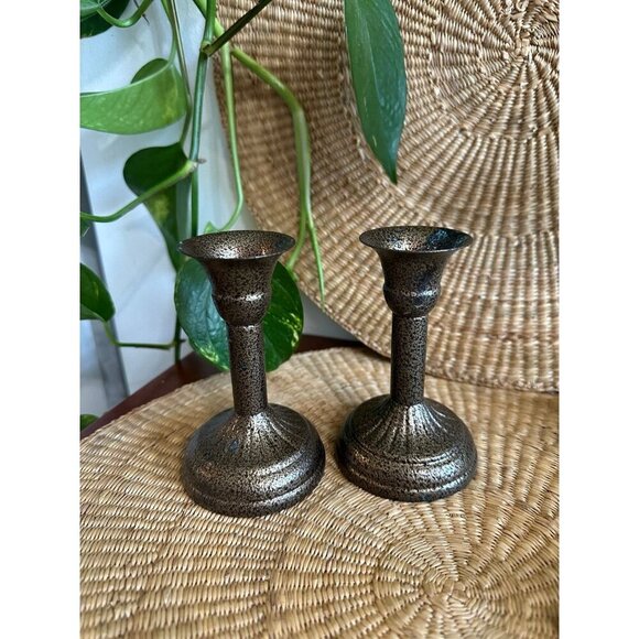 Vintage Speckled Bronze Taper Candle Holders – Pair - Picture 1 of 9